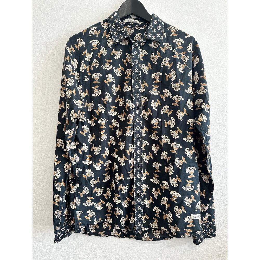 Scoth & Soda Mens Flower Black and Tan Print Button Up Long Sleeve Size Medium